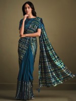 Elegant Peacock Blue Crystal Silk Sequins Readymade Saree